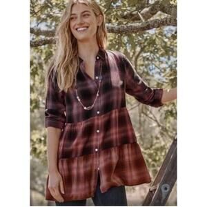 J. Jill Ombre Plaid Tiered Tunic Shirt Pink‎ Coral Black Cotton Modal NWT MP